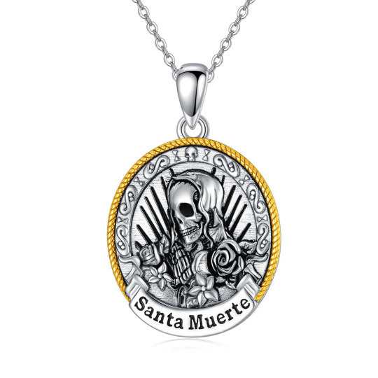 Sterling Silber zweifarbig Santa Muerte Perdoname Anhänger Halskette