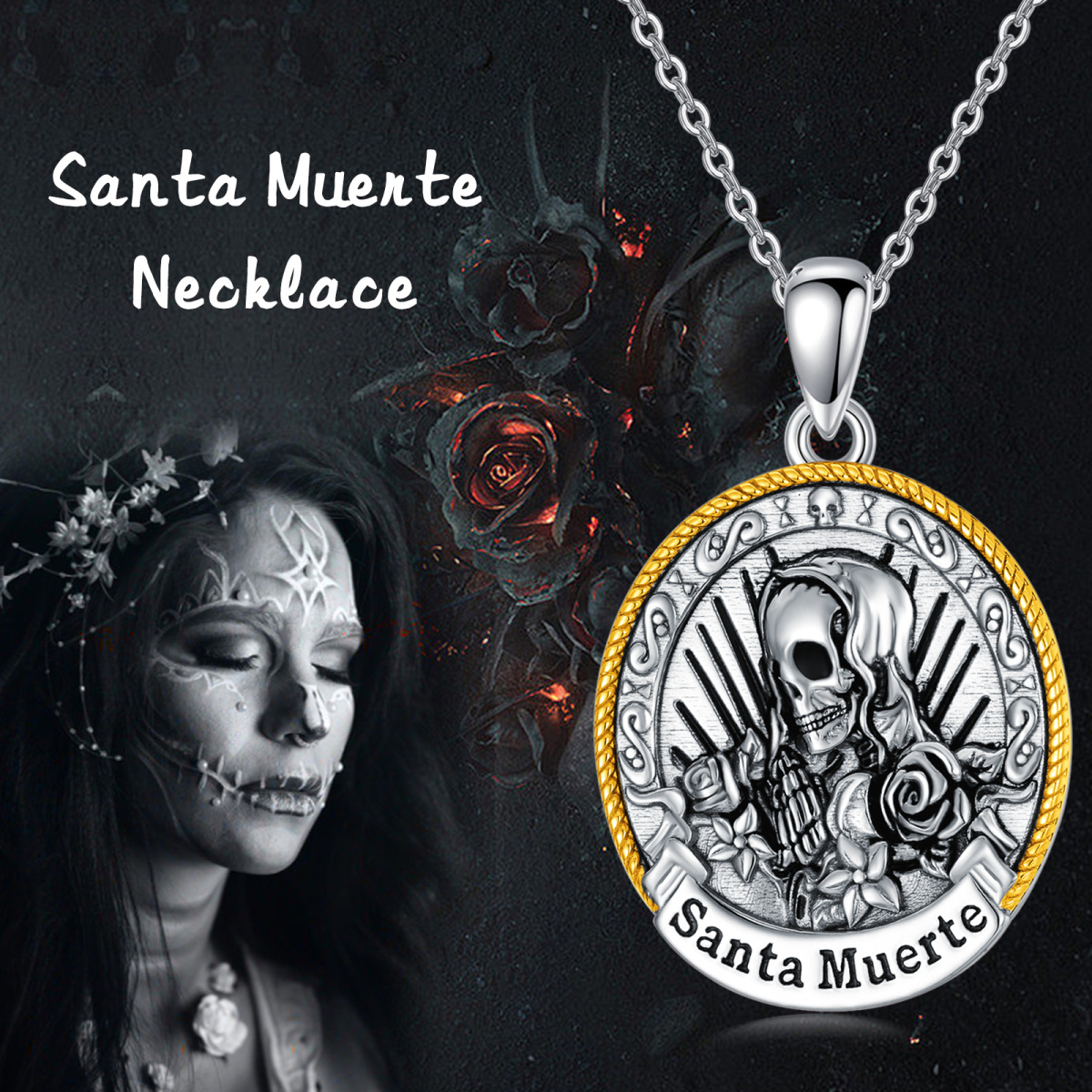 Colar de prata esterlina com pendente Santa Muerte Perdoname em dois tons-6