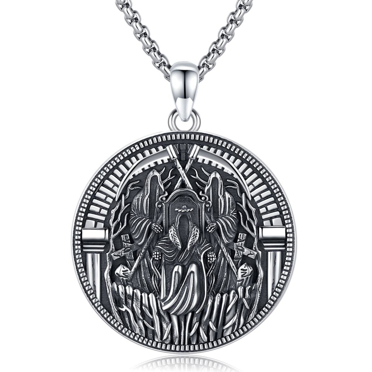 Sterling Silver Two-tone Santa Muerte Perdoname & Skull Pendant Necklace for Men-1