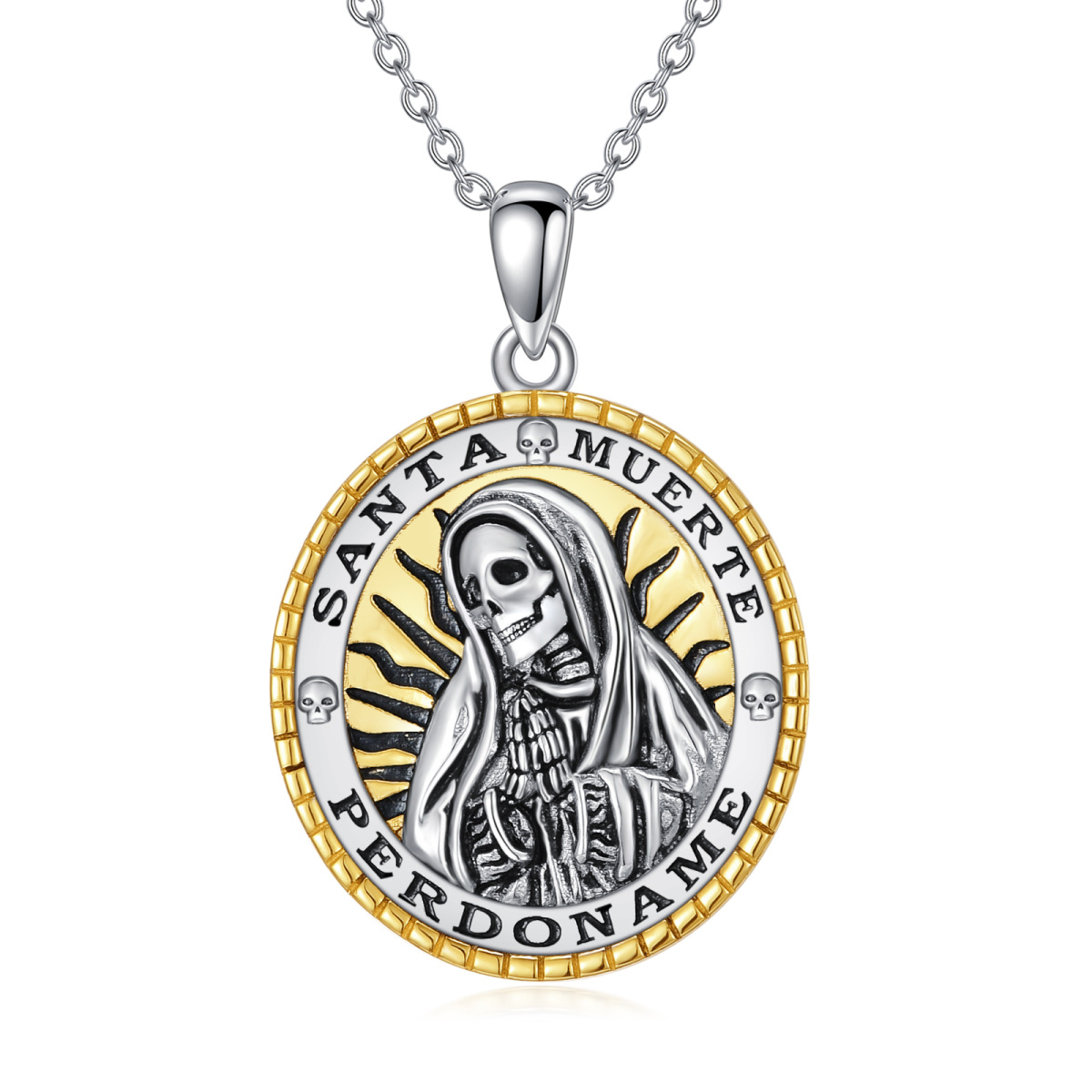 Sterling Silver Two-tone Santa Muerte Perdoname Skull Pendant Necklace-1