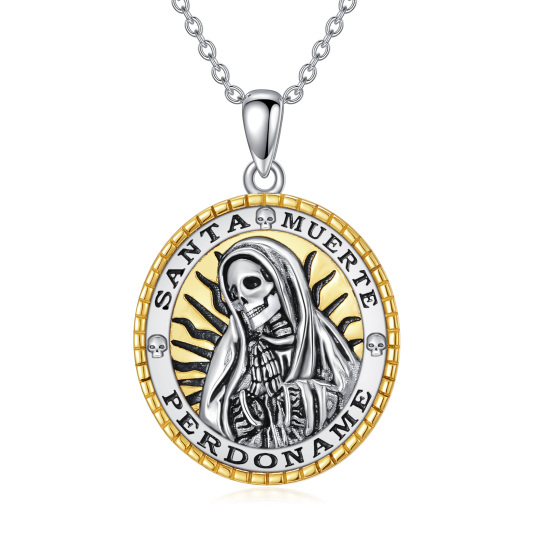 Collier en argent sterling avec pendentif crâne Santa Muerte Perdoname bicolore