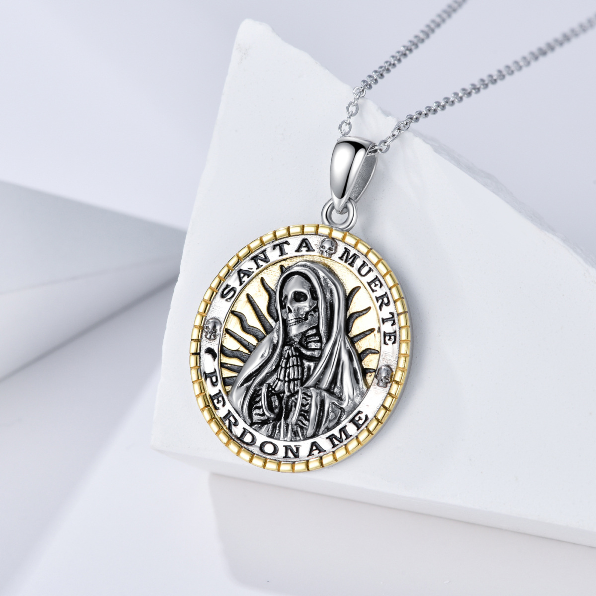 Sterling Silver Two-tone Santa Muerte Perdoname Skull Pendant Necklace-3