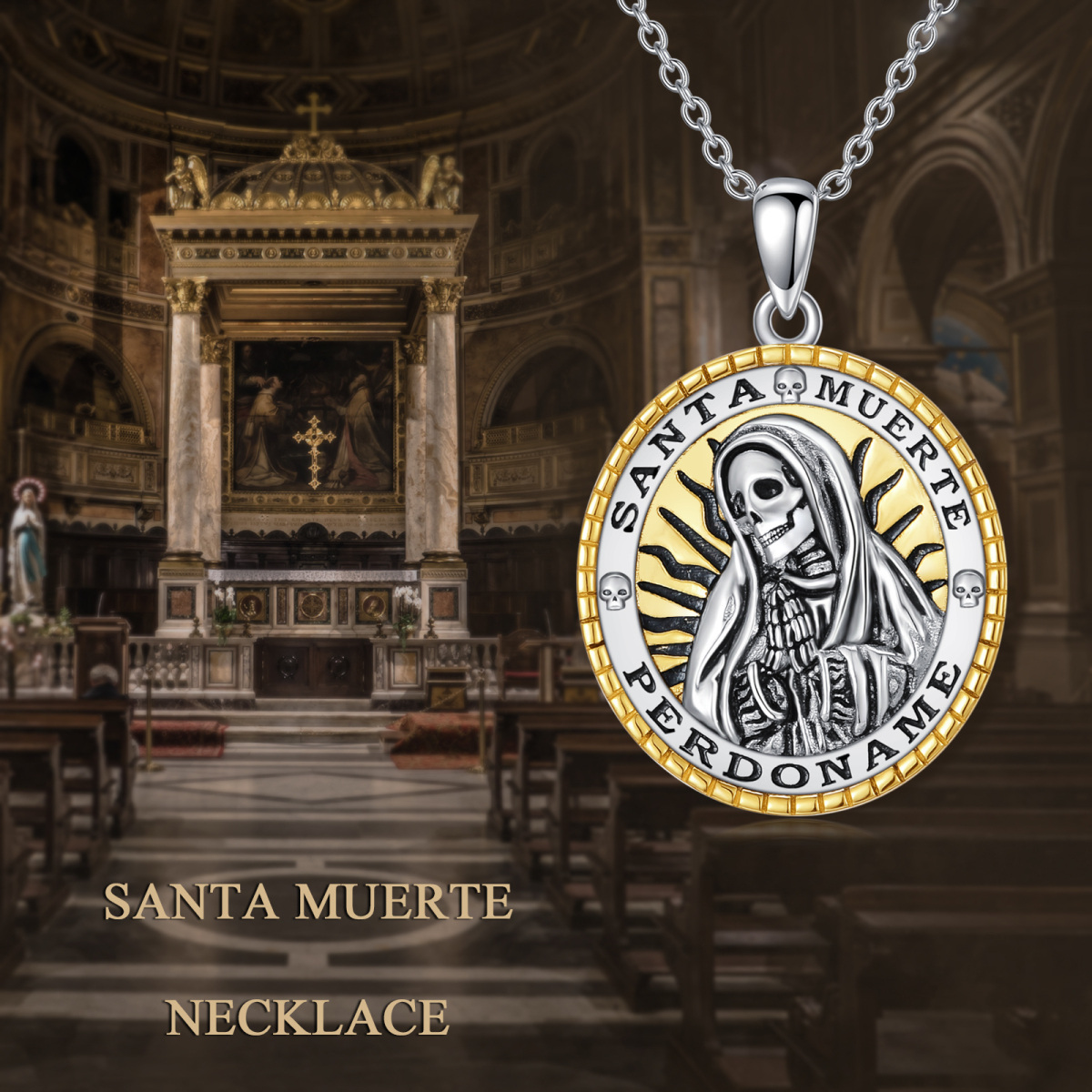 Srebrny, dwukolorowy naszyjnik z czaszką Santa Muerte Perdoname-4