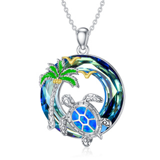 Sterling Silver Two-tone Sea Turtle & Coconut Tree Crystal Pendant Necklace-2