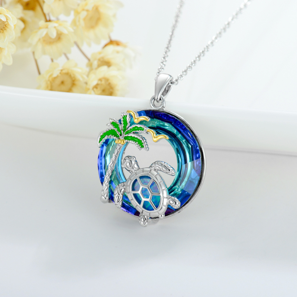 Sterling Silver Two-tone Sea Turtle & Coconut Tree Crystal Pendant Necklace-3