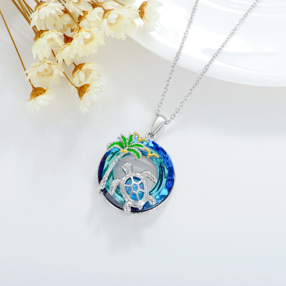 Sterling Silver Two-tone Sea Turtle & Coconut Tree Crystal Pendant Necklace-4