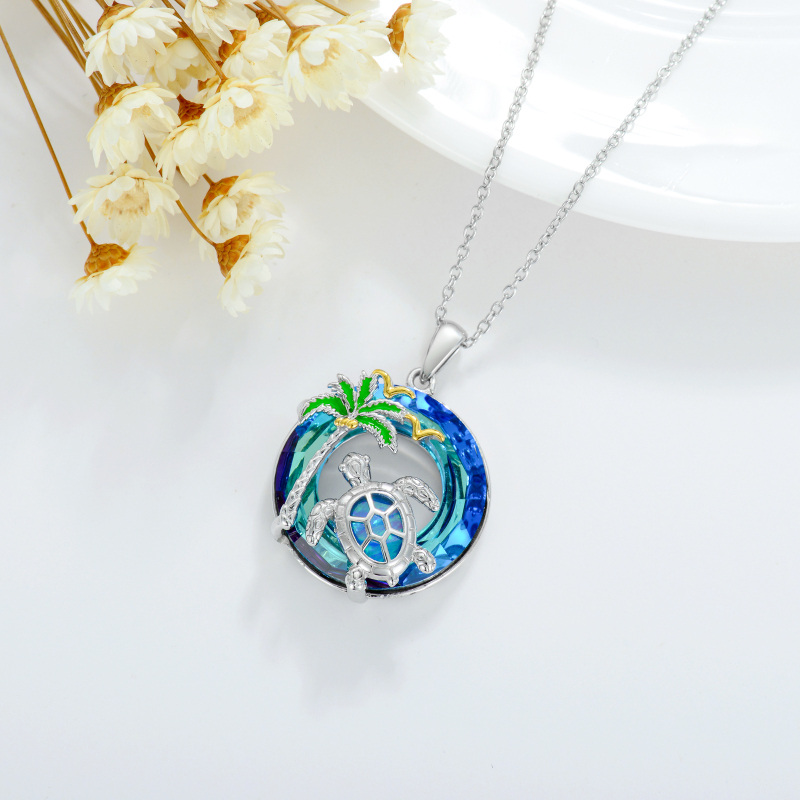 Collar de plata de ley con colgante de dos tonos de cristal de tortuga marina y cocotero-4