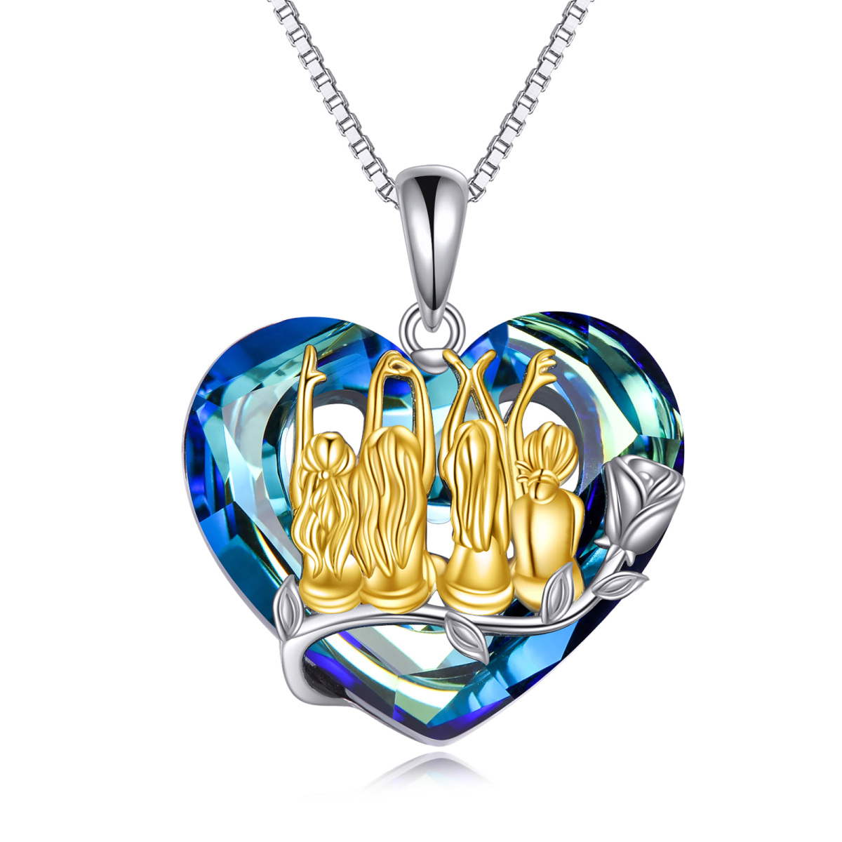 Sterling Silver Two-tone Sisters & Heart Crystal Pendant Necklace-1