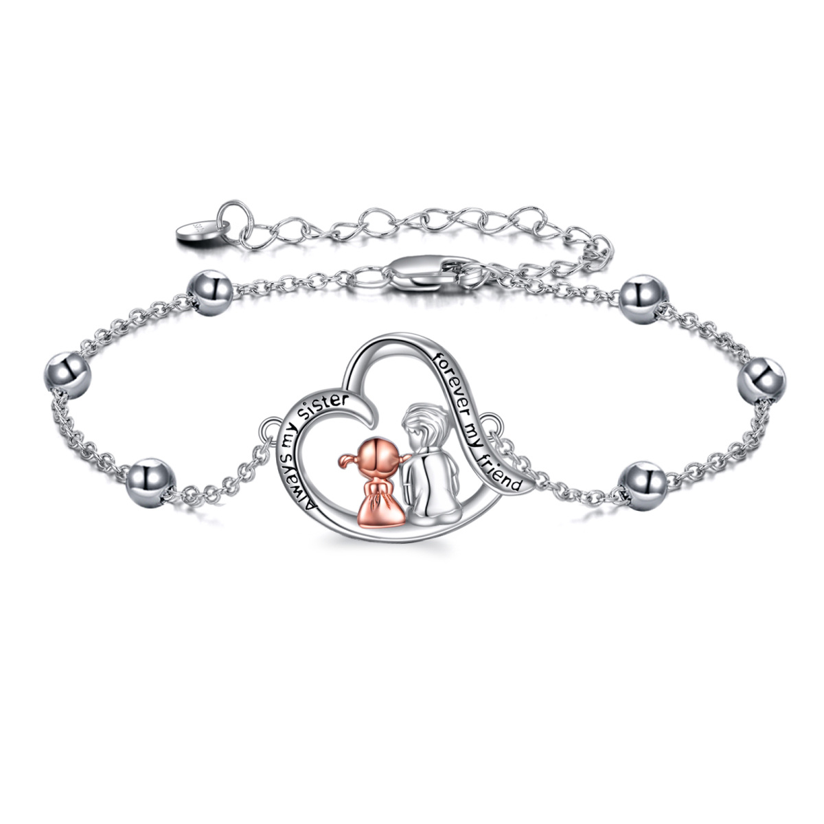 Bracciale bicolore in argento sterling con ciondolo a forma di sorella e cuore con parola incisa-1