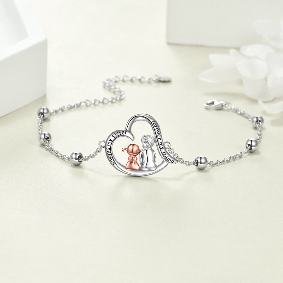 Pulsera de plata de ley bicolor Hermanas y colgante Corazón con palabra grabada-4