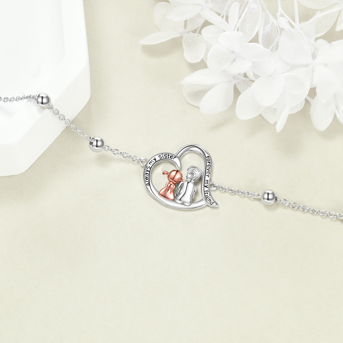 Sterling Silver Two-tone Sisters & Heart Pendant Bracelet with Engraved Word-5