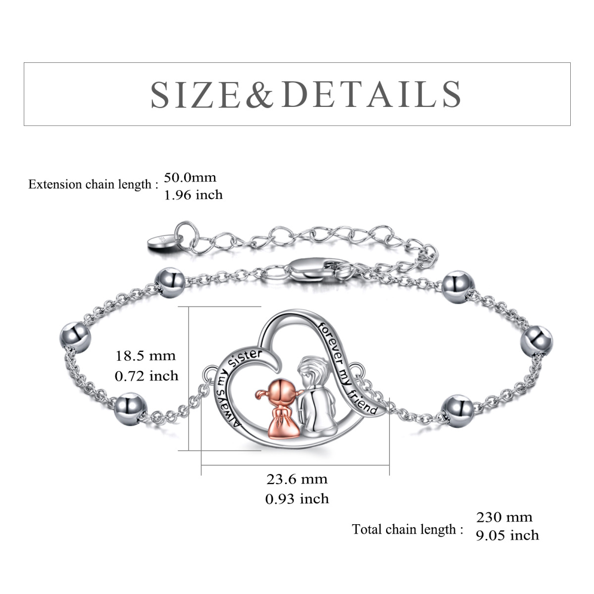 Bracelet en argent sterling avec pendentif Sœurs et Coeur bicolore et mot gravé-6