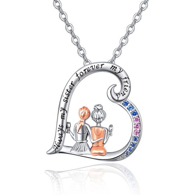 Collana da donna con ciondolo a forma di cuore con sorelle in argento sterling bicolore con zirconi cubici