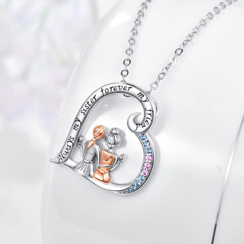 Sterling Silver Two-Tone Cubic Zirconia Sisters In Heart Pendant Necklace For Women-5