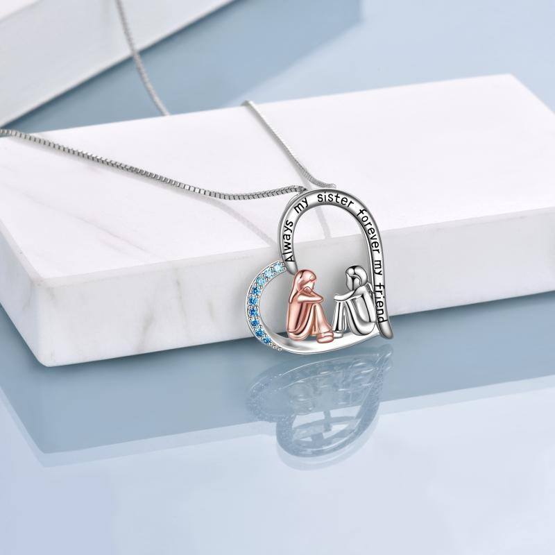 Collier en argent sterling bicolore avec pendentif Sisters & Heart en zircon cubique et mo-4