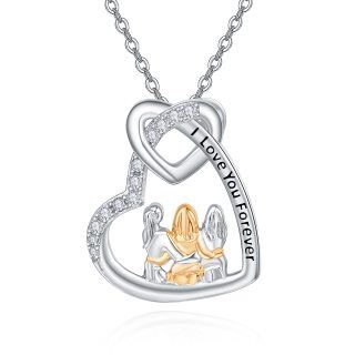 Sterling Silver Two-tone Cubic Zirconia Sisters & Heart Pendant Necklace-4