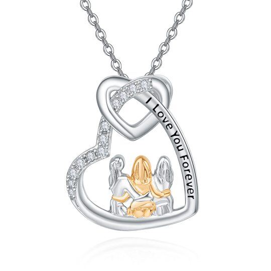 Sterling Silver Two-tone Cubic Zirconia Sisters & Heart Pendant Necklace