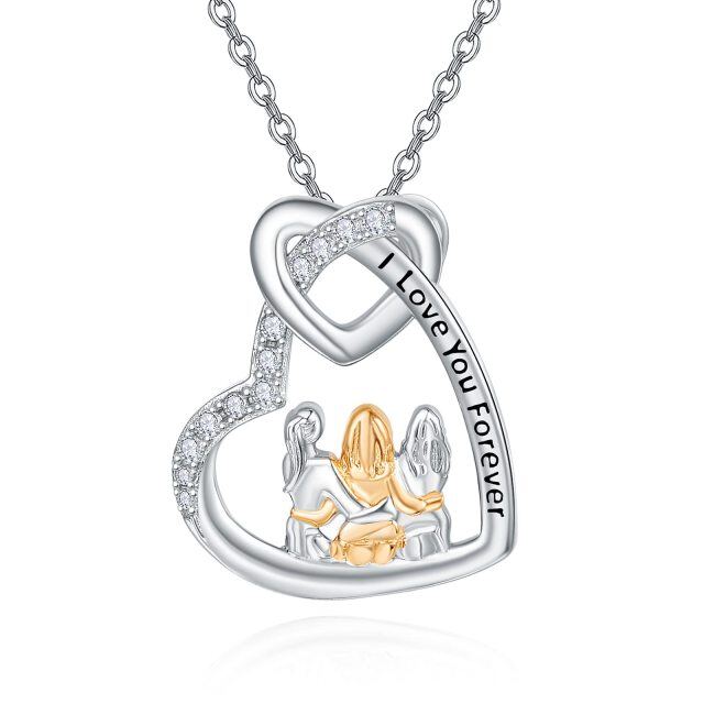 Sterling Silver Two-tone Cubic Zirconia Sisters & Heart Pendant Necklace-4