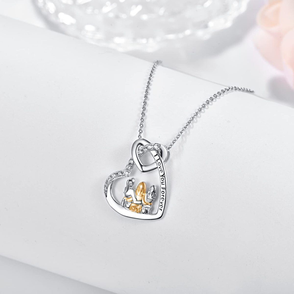 Sterling Silver Two-tone Cubic Zirconia Sisters & Heart Pendant Necklace-4