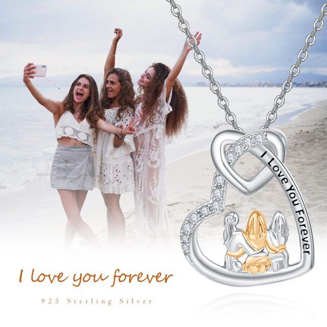 Collier en argent sterling avec pendentif Sisters & Heart en zircon cubique bicolore-6