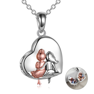 Sterling Silver Two-tone Sisters & Heart Personalized Photo Locket Necklace with Engraved Word-57