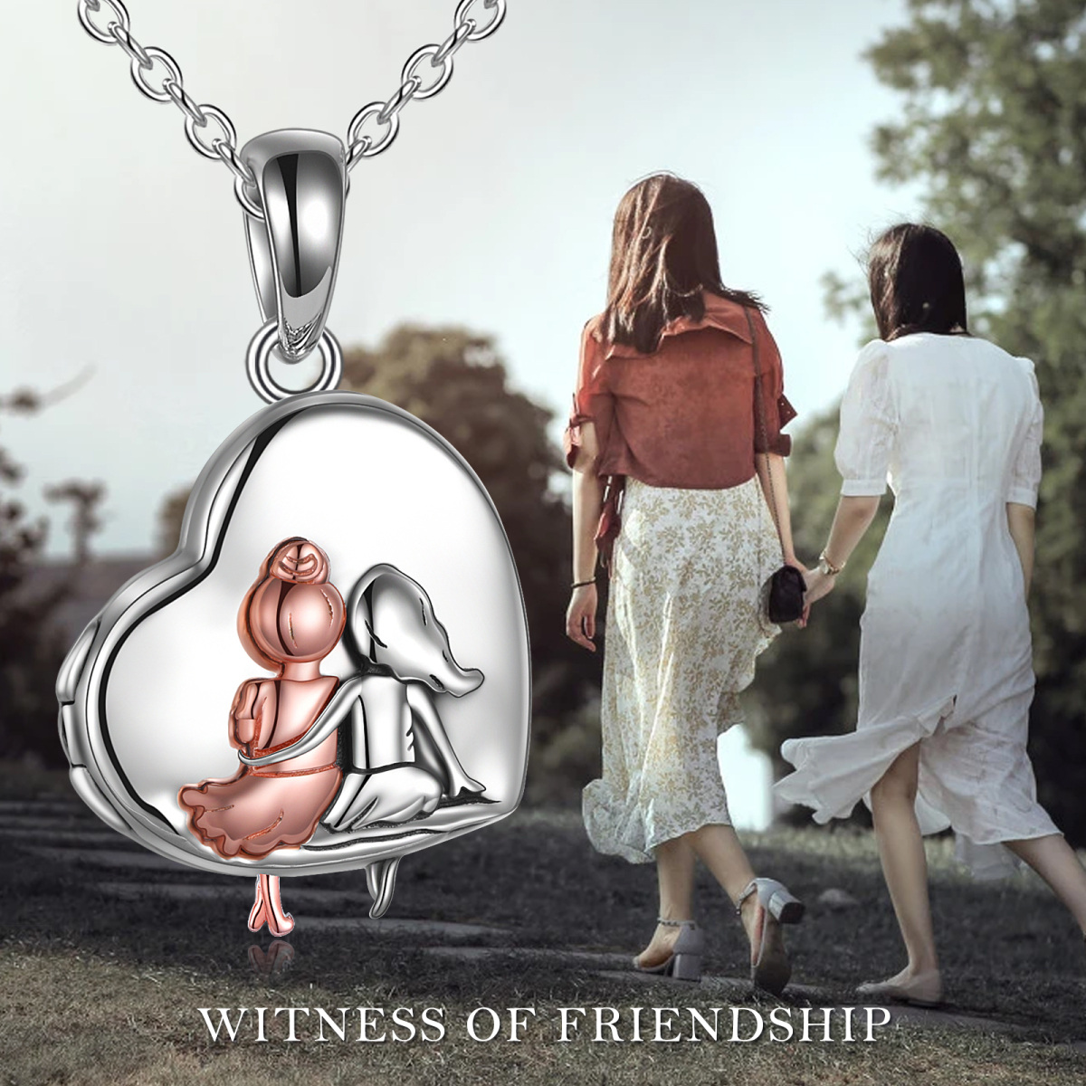 Sterling Silver Two-tone Sisters & Heart Personalized Photo Locket Necklace with Engraved Word-2