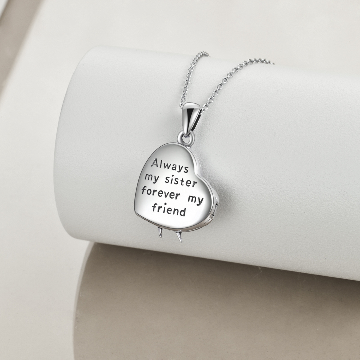 Sterling Silver Two-tone Sisters & Heart Personalized Photo Locket Necklace with Engraved Word-4