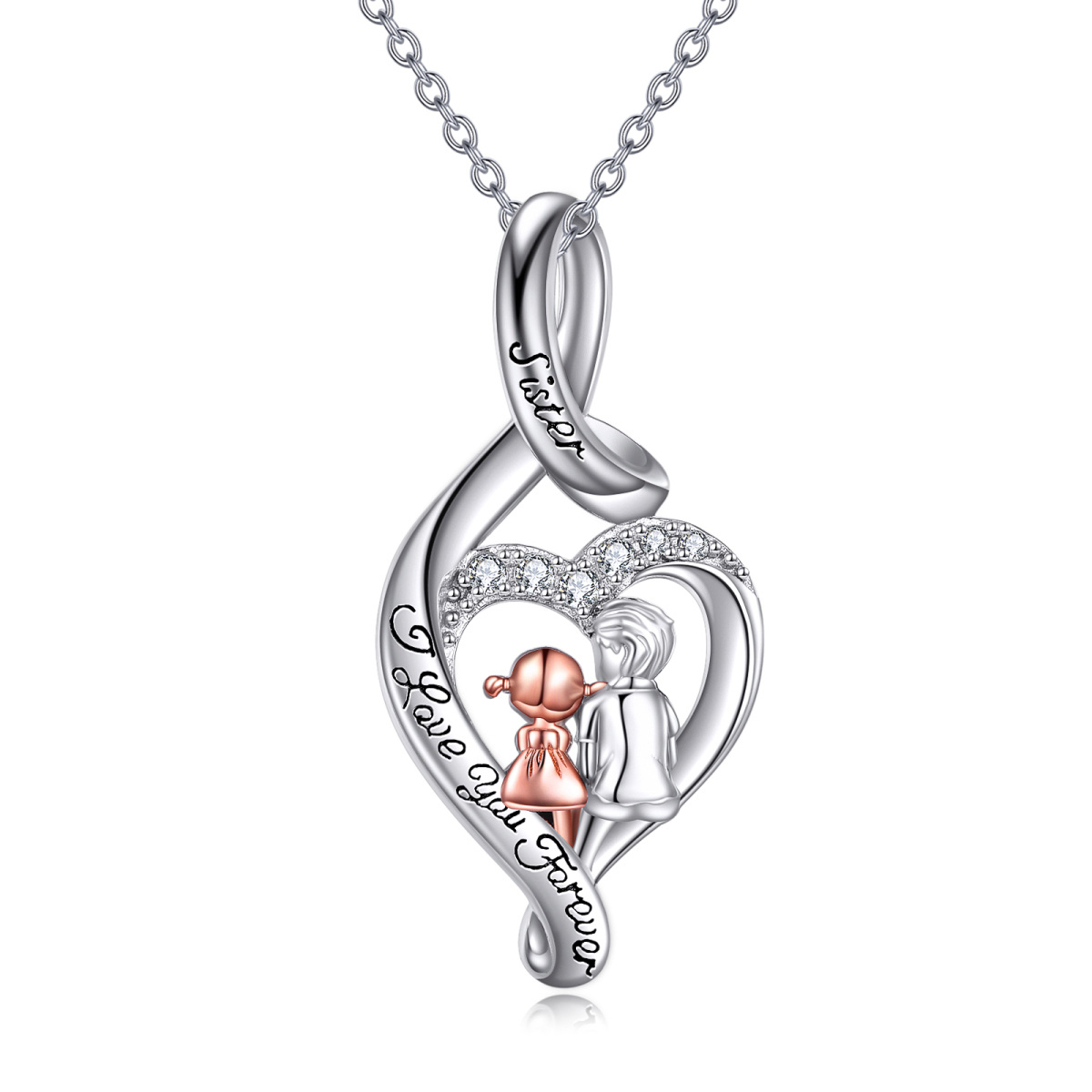 Sterling Silber 2 Schwestern Unendlichkeits-Herz-Anhänger-Halskette mit der Gravur „Ich liebe dich für immer“.-1