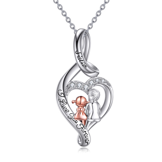 Sterling Silver Two-tone Sisters & Infinity Symbol Pendant Necklace with Engraved Word