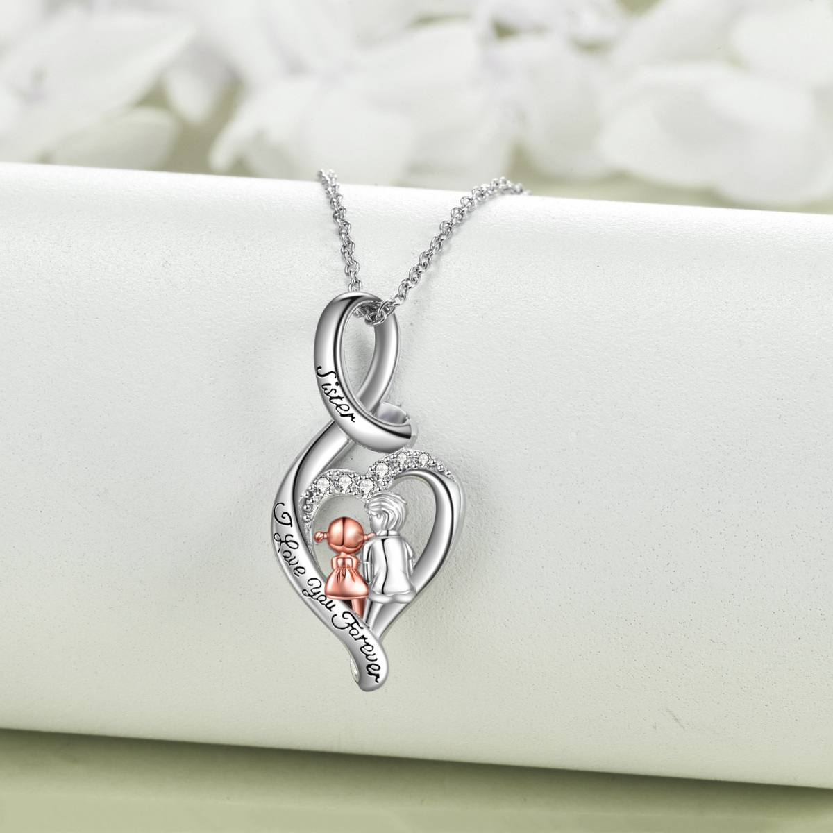 Collier pendentif coeur infini 2 sœurs en argent sterling gravé Je t'aime pour toujours-4