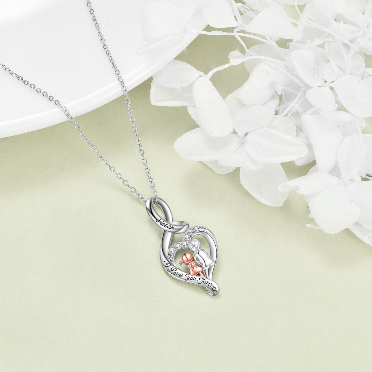 Collier pendentif coeur infini 2 sœurs en argent sterling gravé Je t'aime pour toujours-5