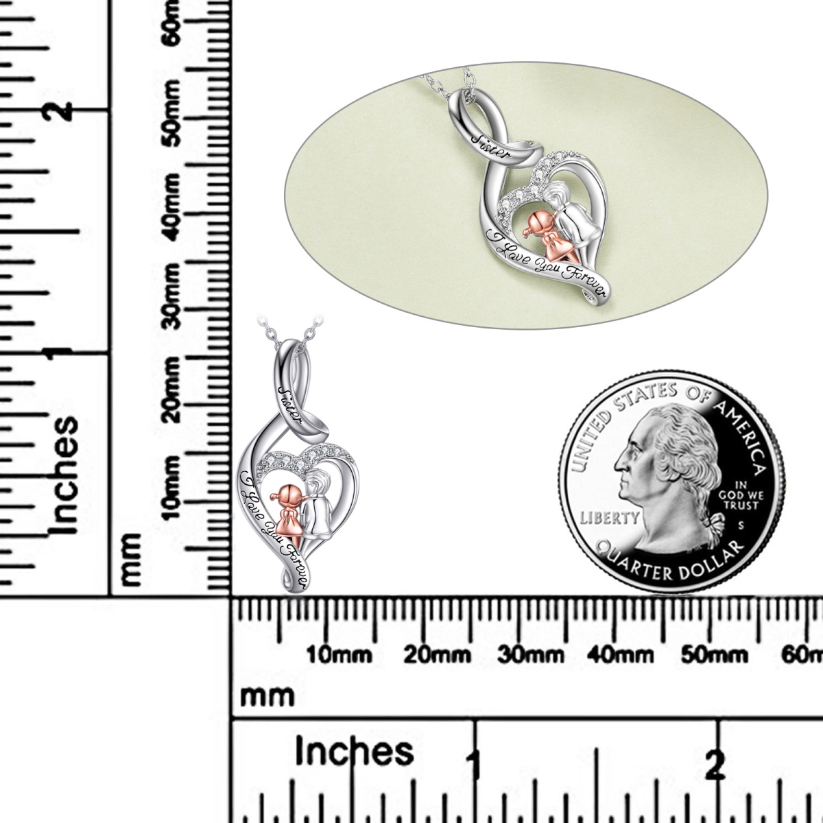 Sterling Silber 2 Schwestern Unendlichkeits-Herz-Anhänger-Halskette mit der Gravur „Ich liebe dich für immer“.-6