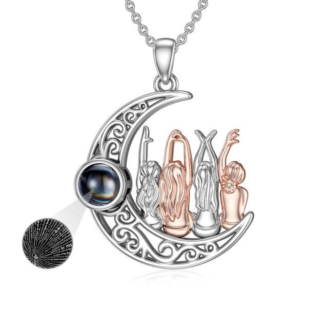 Sterling Silver Two-tone Sisters & Moon Crystal Pendant Necklace-1