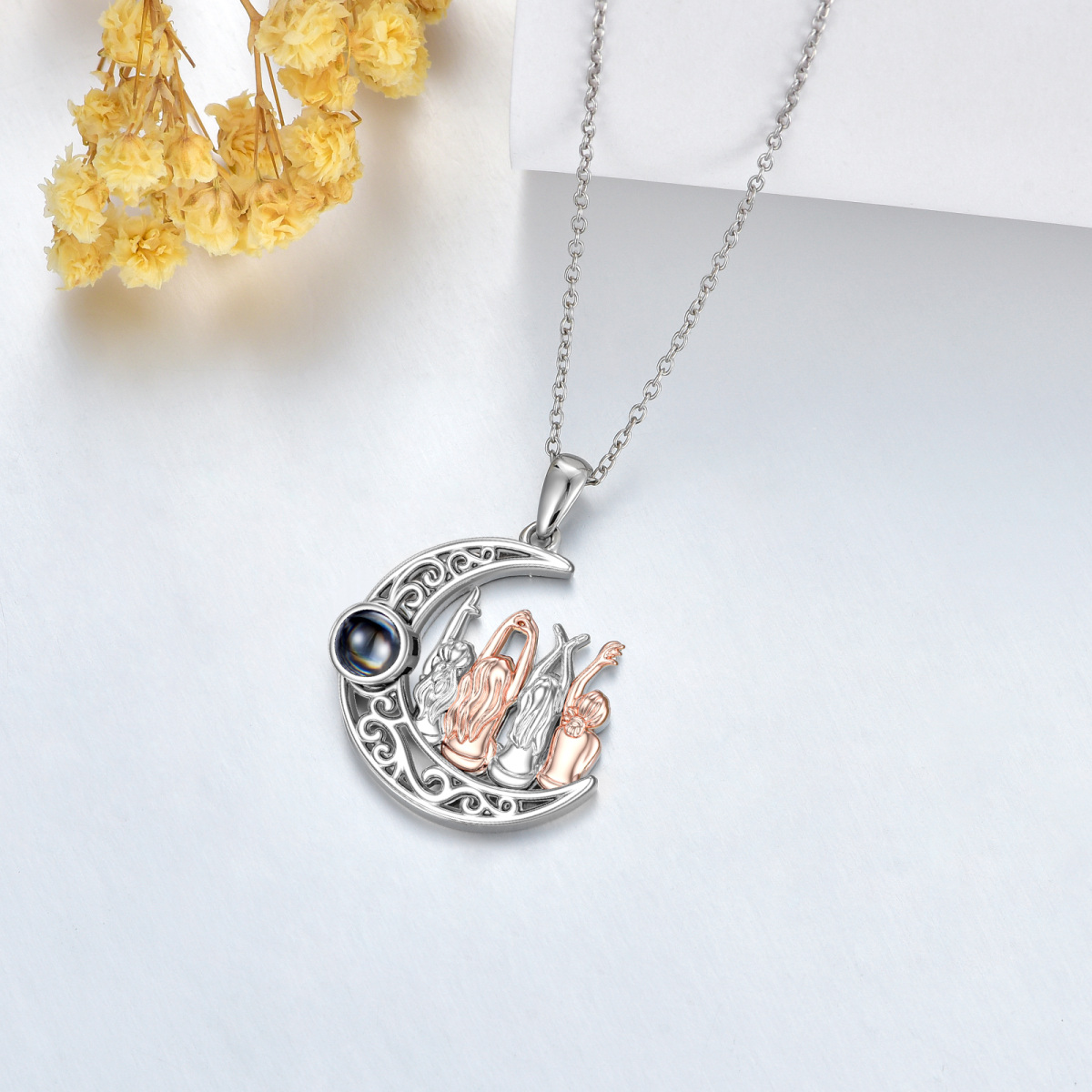 Sterling Silver Two-tone Sisters & Moon Crystal Pendant Necklace-5