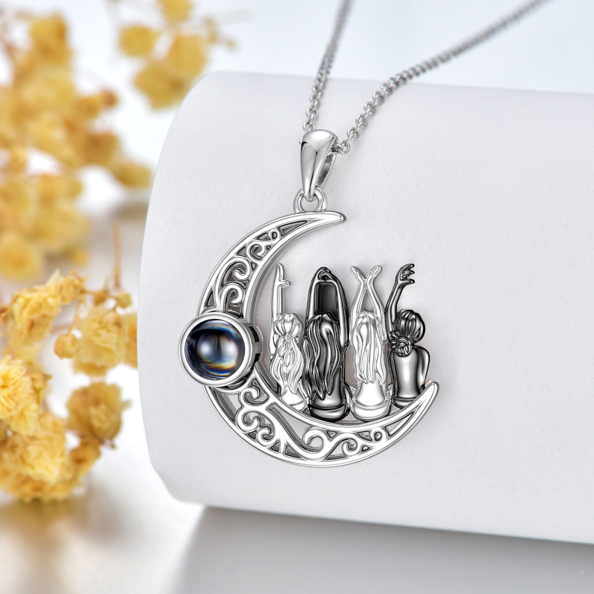 Zweifarbige Halskette „Sisters“ aus Sterlingsilber mit Mondkristall-Anhänger-5