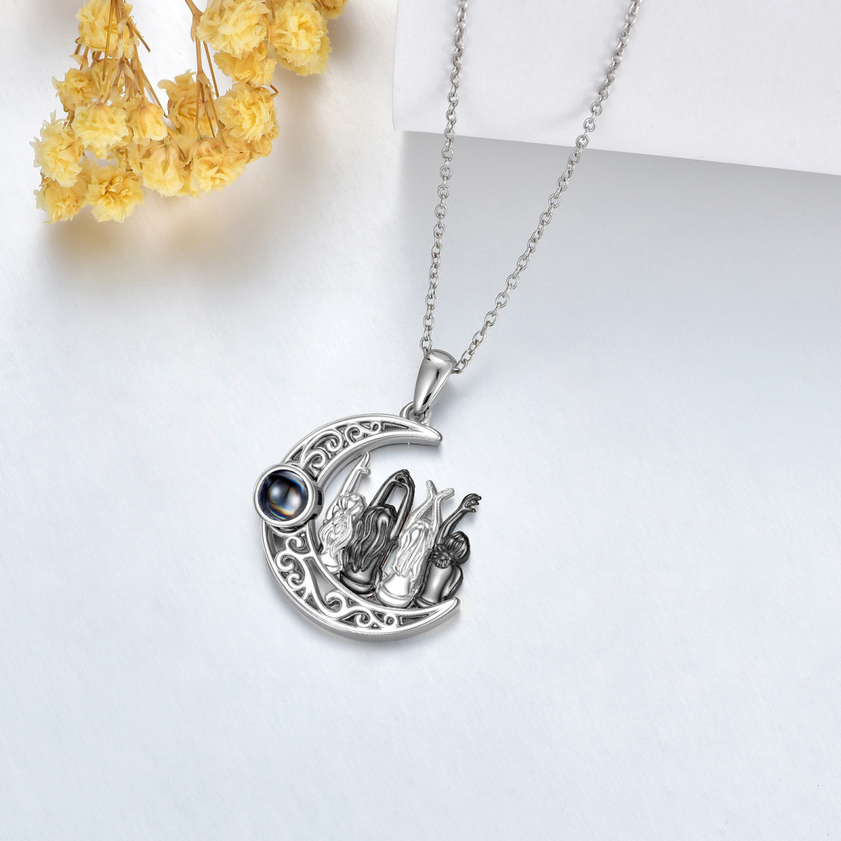Zweifarbige Halskette „Sisters“ aus Sterlingsilber mit Mondkristall-Anhänger-6