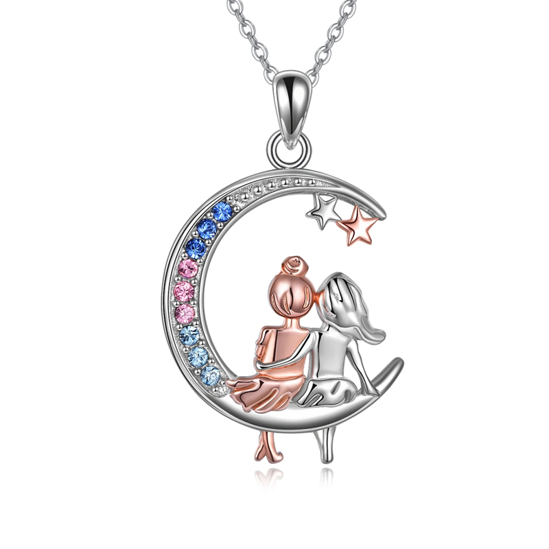 Collar de plata de ley con circonitas cúbicas de dos tonos y forma de luna y estrella para mujer-1