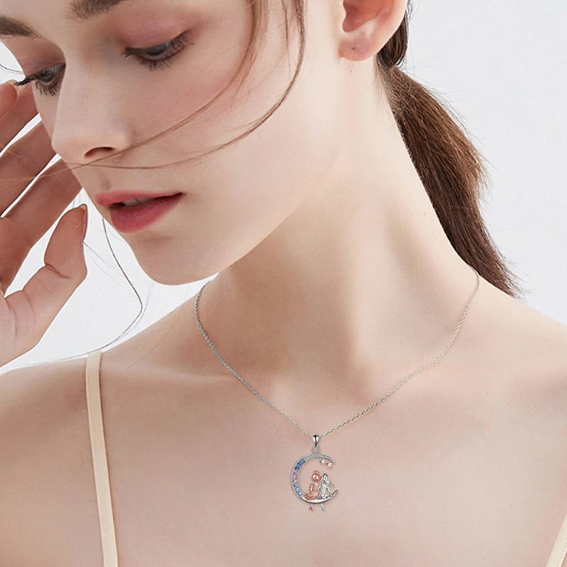 Sterling Silver Two-tone Cubic Zirconia Sisters Moon Star Necklace for Women-2