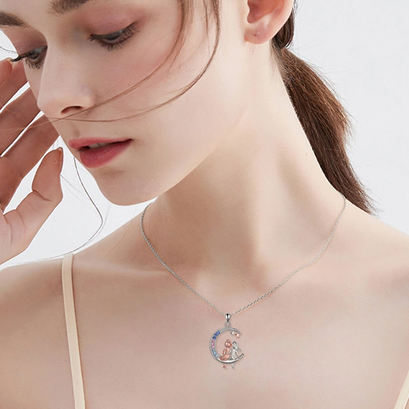 Collar de plata de ley con circonitas cúbicas de dos tonos y forma de luna y estrella para mujer-2