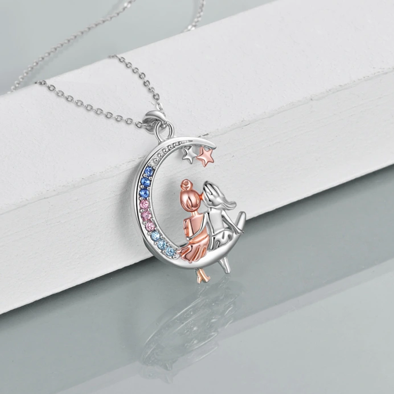 Sterling Silver Two-tone Cubic Zirconia Sisters Moon Star Necklace for Women-3