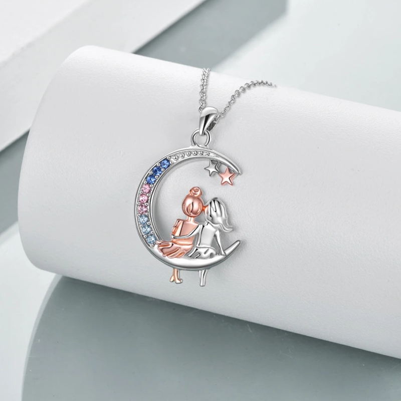 Sterling Silver Two-tone Cubic Zirconia Sisters Moon Star Necklace for Women-4