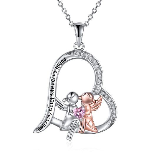 Collana con ciondolo per sorelle in argento sterling bicolore con zirconia cubica e parola incisa