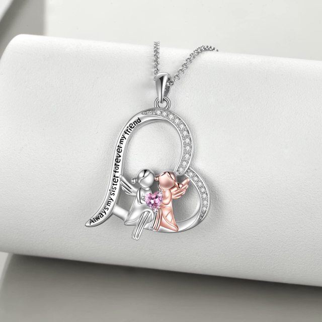 Sterling Silver Two-tone Cubic Zirconia Sisters Pendant Necklace with Engraved Word-3