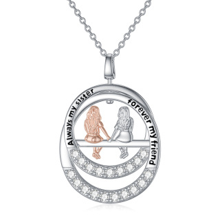 Sterling Silver Two-tone Cubic Zirconia Sisters Pendant Necklace with Engraved Word-3