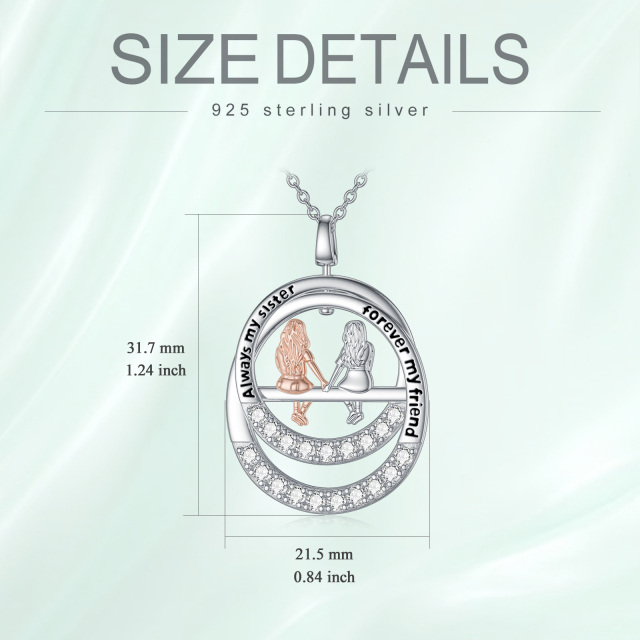 Sterling Silber zweifarbig Cubic Zirkonia Schwestern Anhänger Halskette mit eingraviertem-5