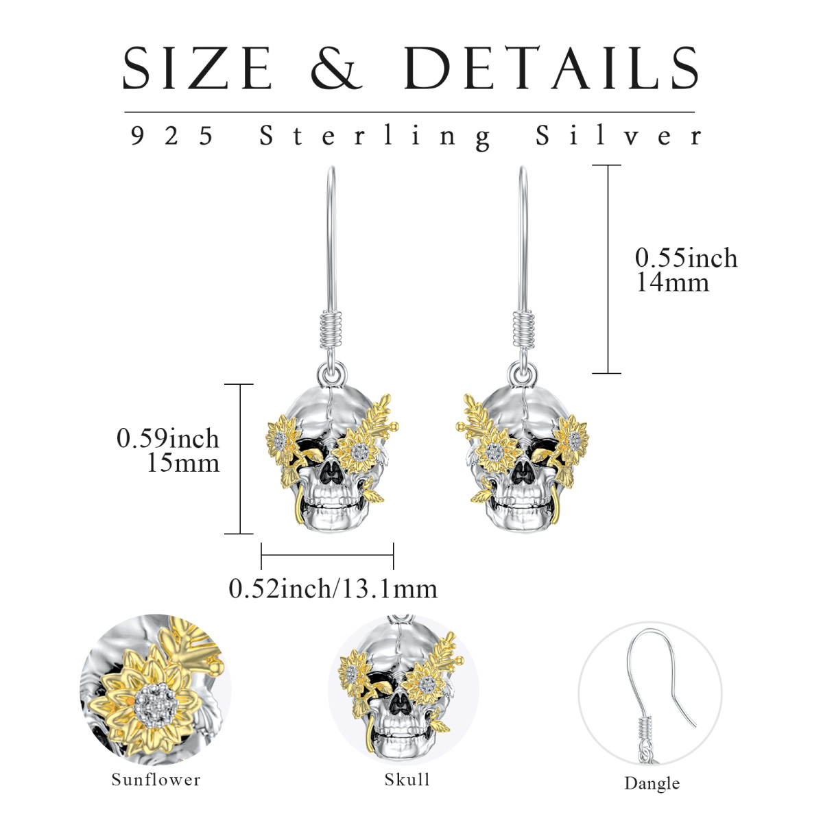 Sterling Silver Two-tone Skull Drop Earrings-4