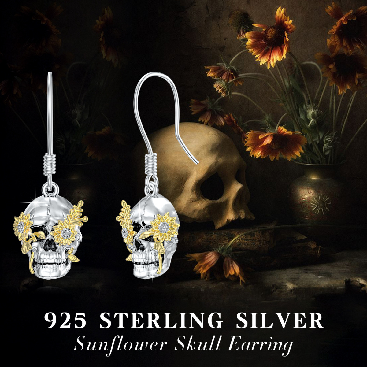 Sterling Silver Two-tone Skull Drop Earrings-5