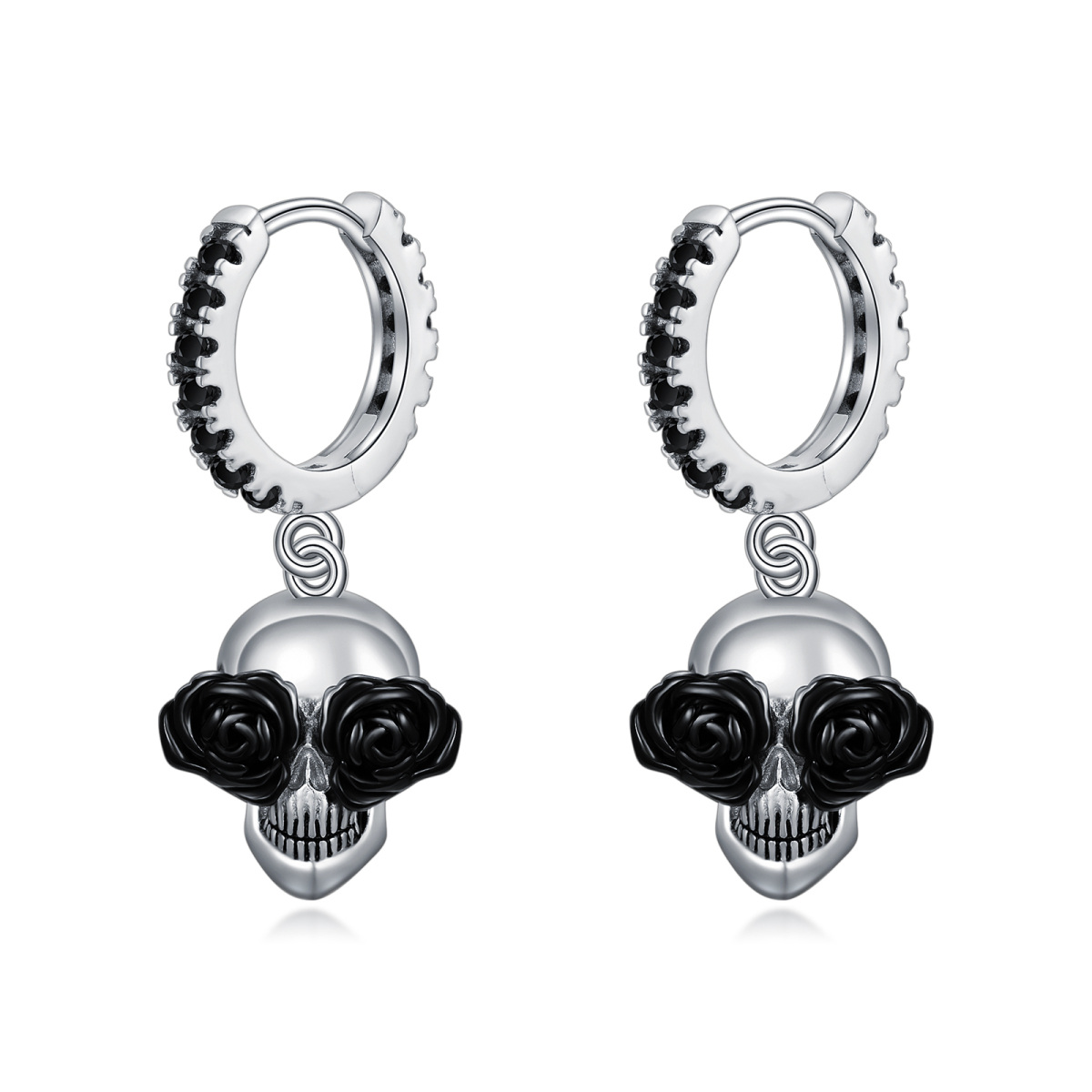 Sterling Silver Two-tone Cubic Zirconia Skull Drop Earrings-1