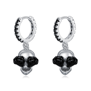 Sterling Silver Two-tone Cubic Zirconia Skull Drop Earrings-6