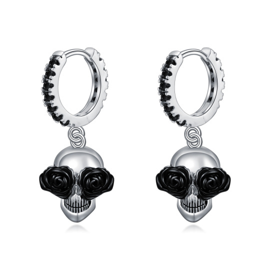 Sterling Silver Two-tone Cubic Zirconia Skull Drop Earrings-1